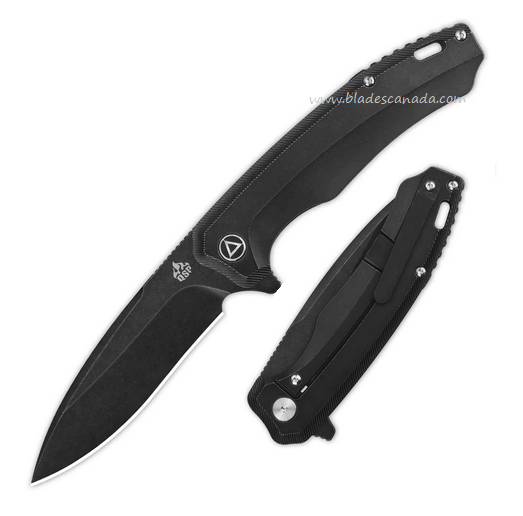 QSP Woodpecker Flipper Framelock Knife, M390 Black Stonewash, Titanium Black, QS116-D2 II